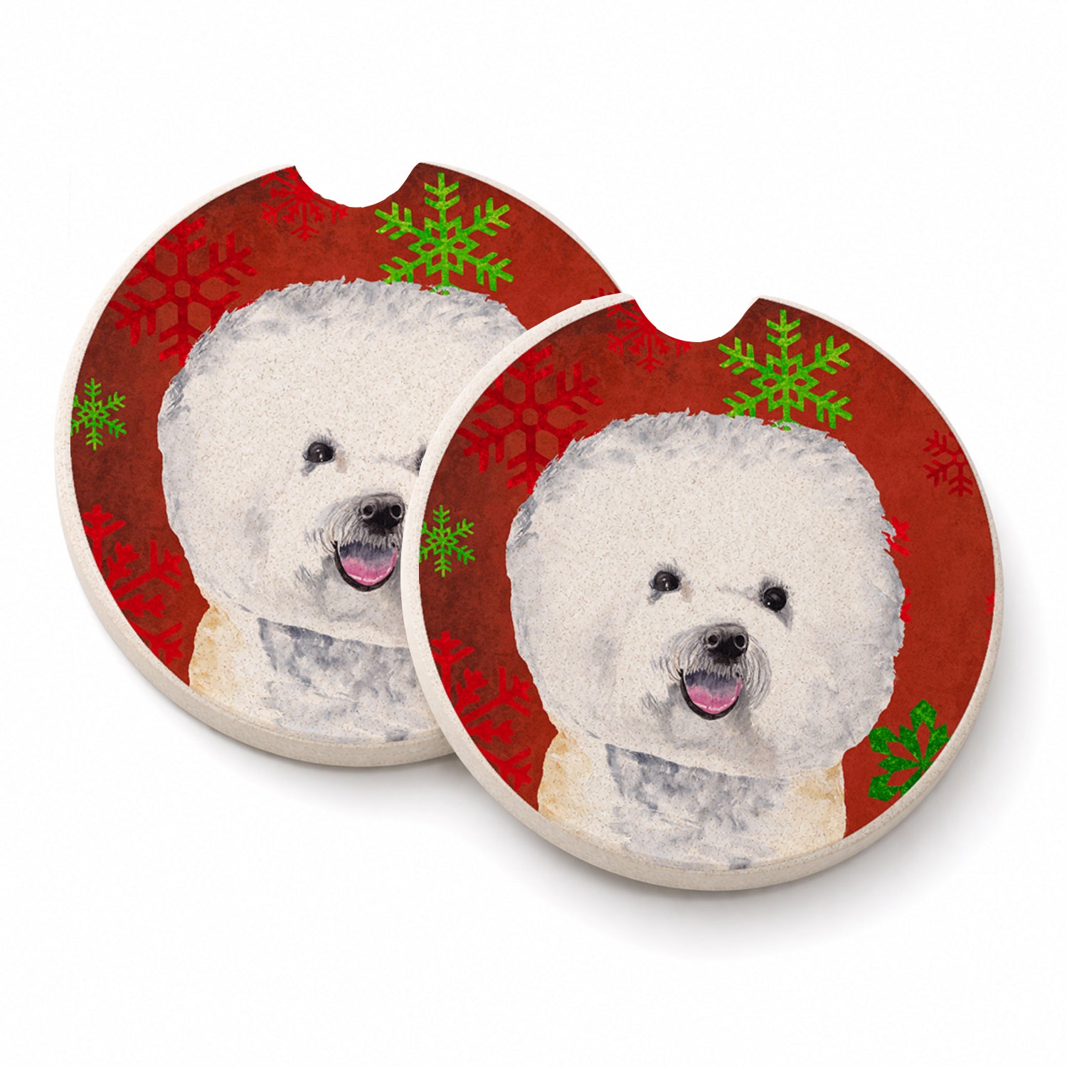 Bichon Frise Red and Green Snowflakes Holiday Christmas Set of 2 Cup Holder Car Coasters Absorbent Round Sandstone Coasters Gifts for Men or Women, 2.5, Multicolor