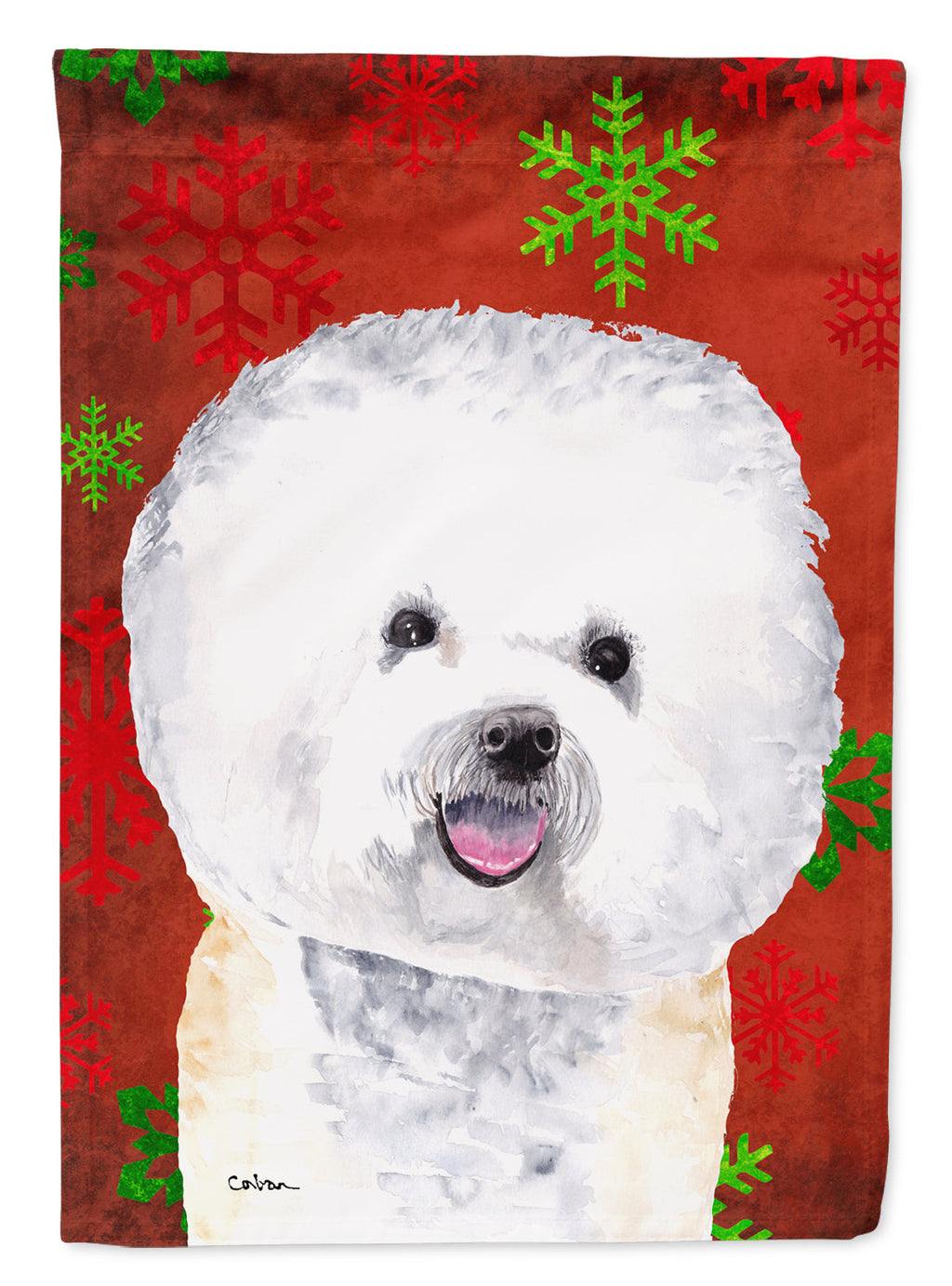 Bichon Frise Red and Green Snowflakes Holiday Christmas House Flag 28x40 Porch Sleeve Pole Decorative Outside Yard Banner Artwork Wall Hanging, Polyester