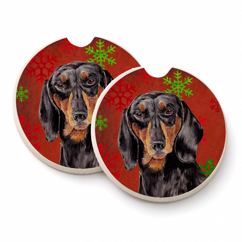Dachshund Red and Green Snowflakes Holiday Christmas Set of 2 Cup Holder Car Coasters Absorbent Round Sandstone Coasters Gifts for Men or Women, 2.5, Multicolor