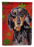 Dachshund Red and Green Snowflakes Holiday Christmas House Flag 28x40 Porch Sleeve Pole Decorative Outside Yard Banner Artwork Wall Hanging, Polyester
