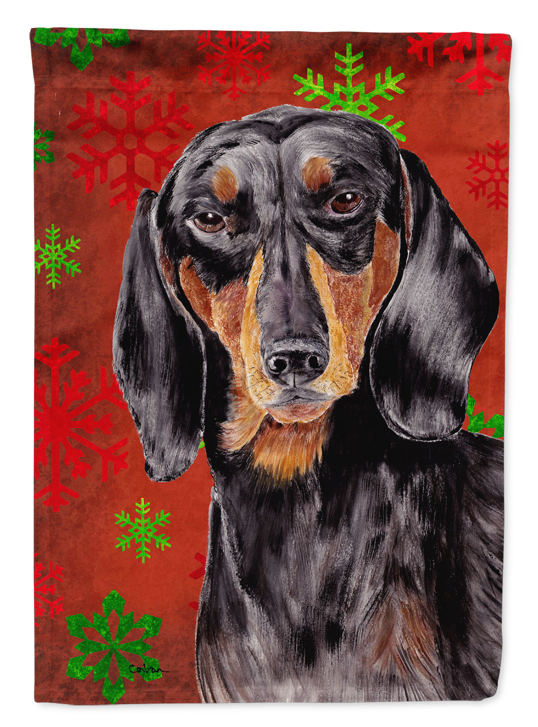 Dachshund Red and Green Snowflakes Holiday Christmas House Flag 28x40 Porch Sleeve Pole Decorative Outside Yard Banner Artwork Wall Hanging, Polyester