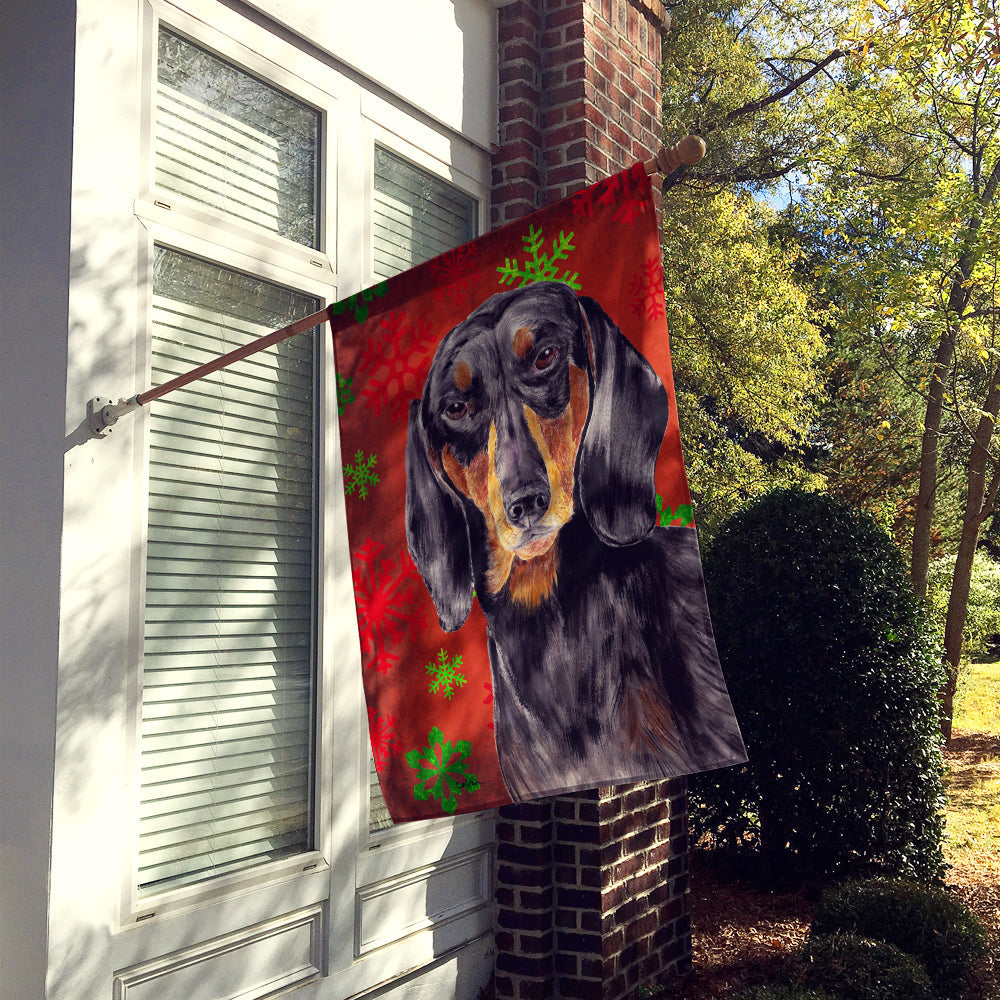 Dachshund Red and Green Snowflakes Holiday Christmas House Flag 28x40 Porch Sleeve Pole Decorative Outside Yard Banner Artwork Wall Hanging, Polyester