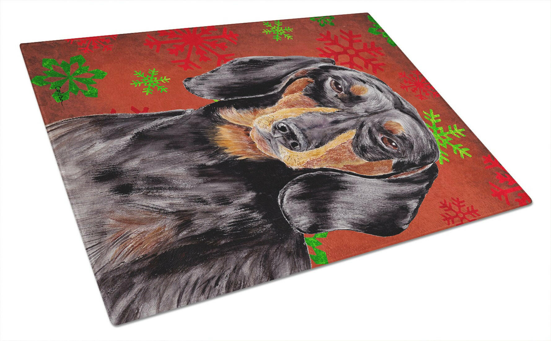 Dachshund Red and Green Snowflakes Holiday Christmas Cutting Board Tempered Glass Kitchen Cutting Surface, Heat Resistant Chopping, Non-Slip Feet, Food Prep & Serving