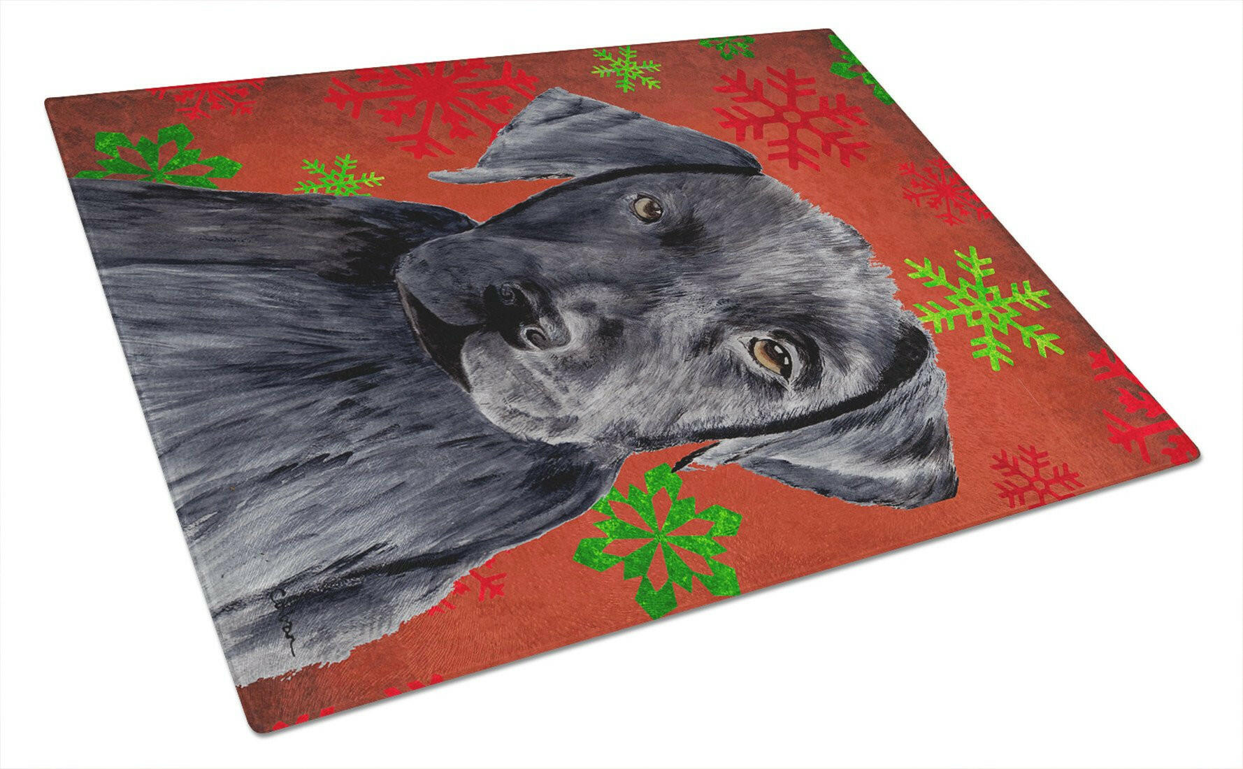 Labrador Red and Green Snowflakes Holiday Christmas Cutting Board Tempered Glass Kitchen Cutting Surface, Heat Resistant Chopping, Non-Slip Feet, Food Prep & Serving