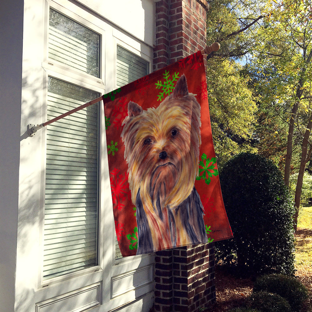 Yorkie Red and Green Snowflakes Holiday Christmas House Flag 28x40 Porch Sleeve Pole Decorative Outside Yard Banner Artwork Wall Hanging, Polyester
