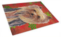 Yorkie Red and Green Snowflakes Holiday Christmas Cutting Board Tempered Glass Kitchen Cutting Surface, Heat Resistant Chopping, Non-Slip Feet, Food Prep & Serving