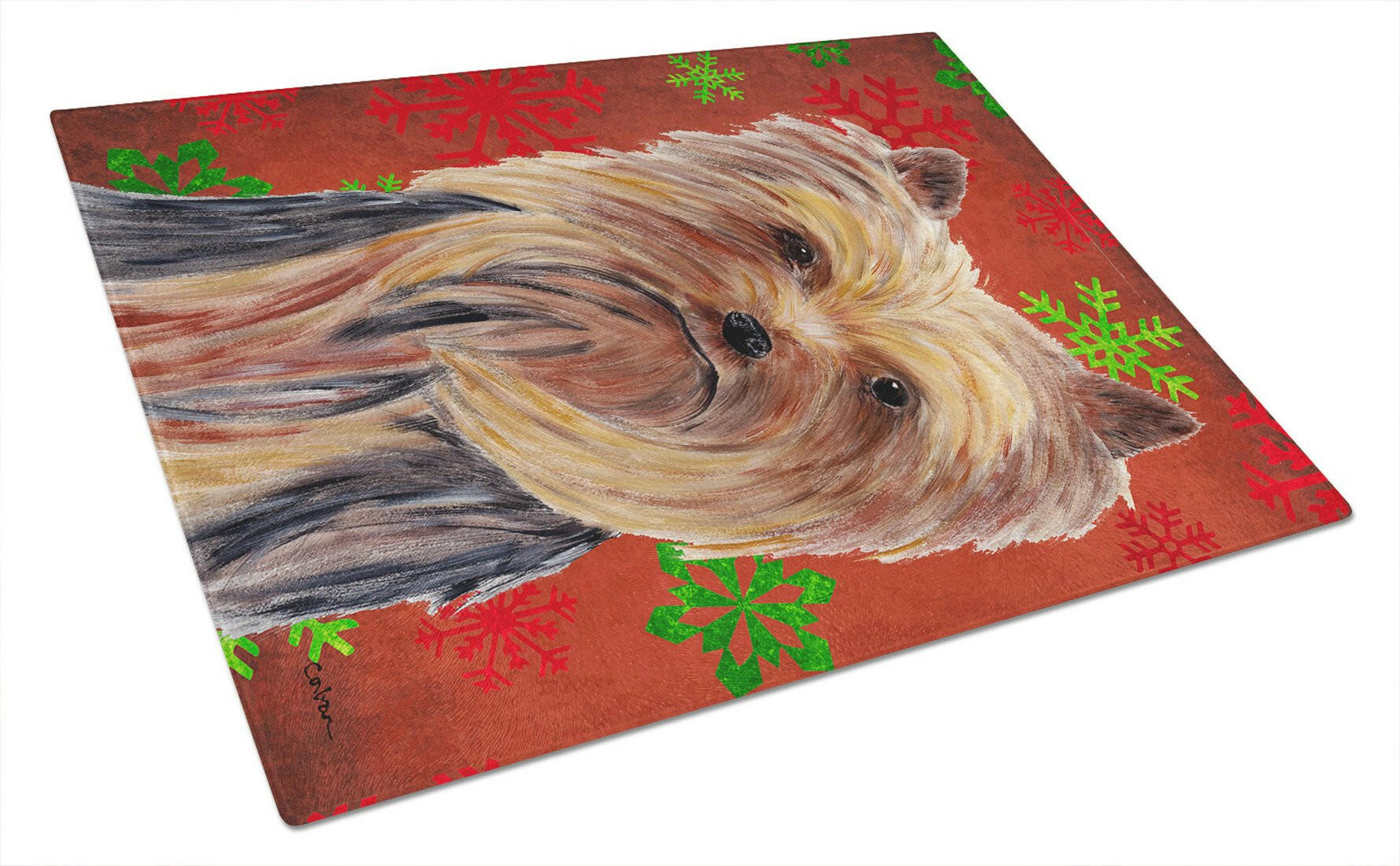 Yorkie Red and Green Snowflakes Holiday Christmas Cutting Board Tempered Glass Kitchen Cutting Surface, Heat Resistant Chopping, Non-Slip Feet, Food Prep & Serving