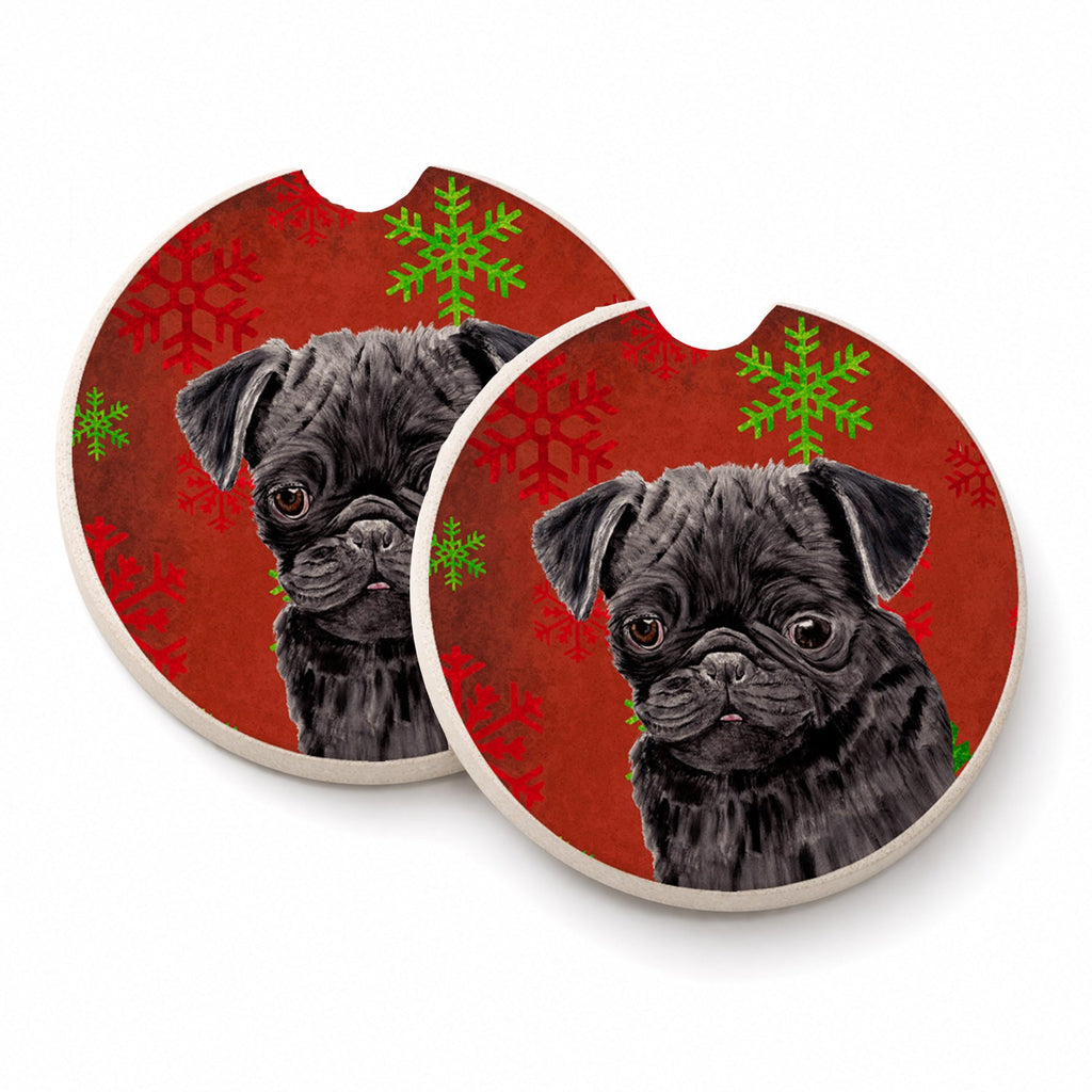 Pug Red and Green Snowflakes Holiday Christmas Set of 2 Cup Holder Car Coasters Absorbent Round Sandstone Coasters Gifts for Men or Women, 2.5, Multicolor