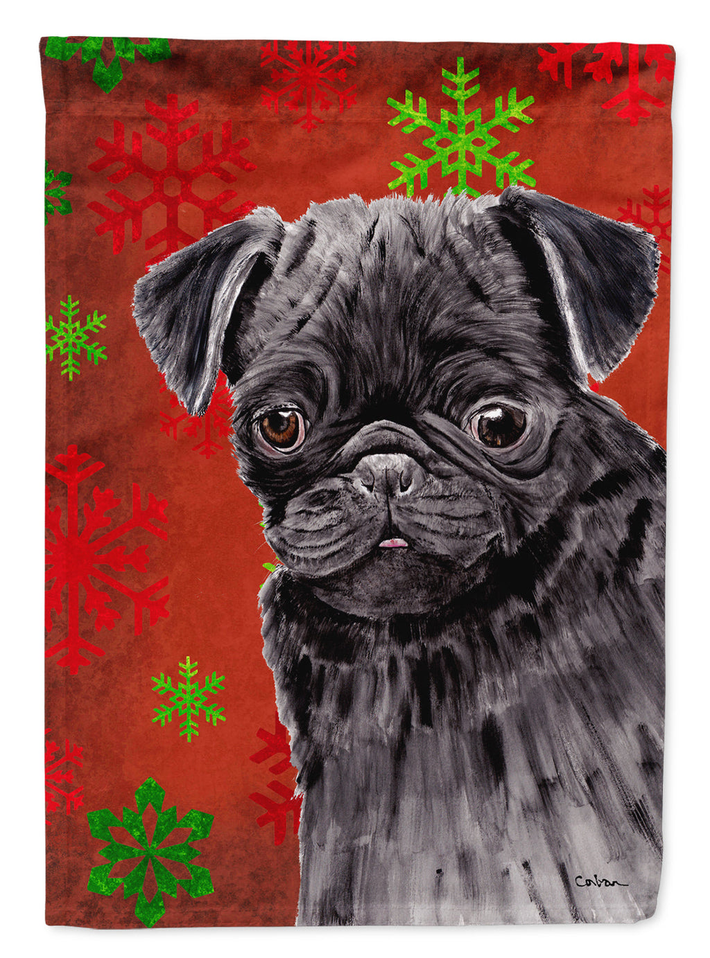 Pug Red and Green Snowflakes Holiday Christmas House Flag 28x40 Porch Sleeve Pole Decorative Outside Yard Banner Artwork Wall Hanging, Polyester