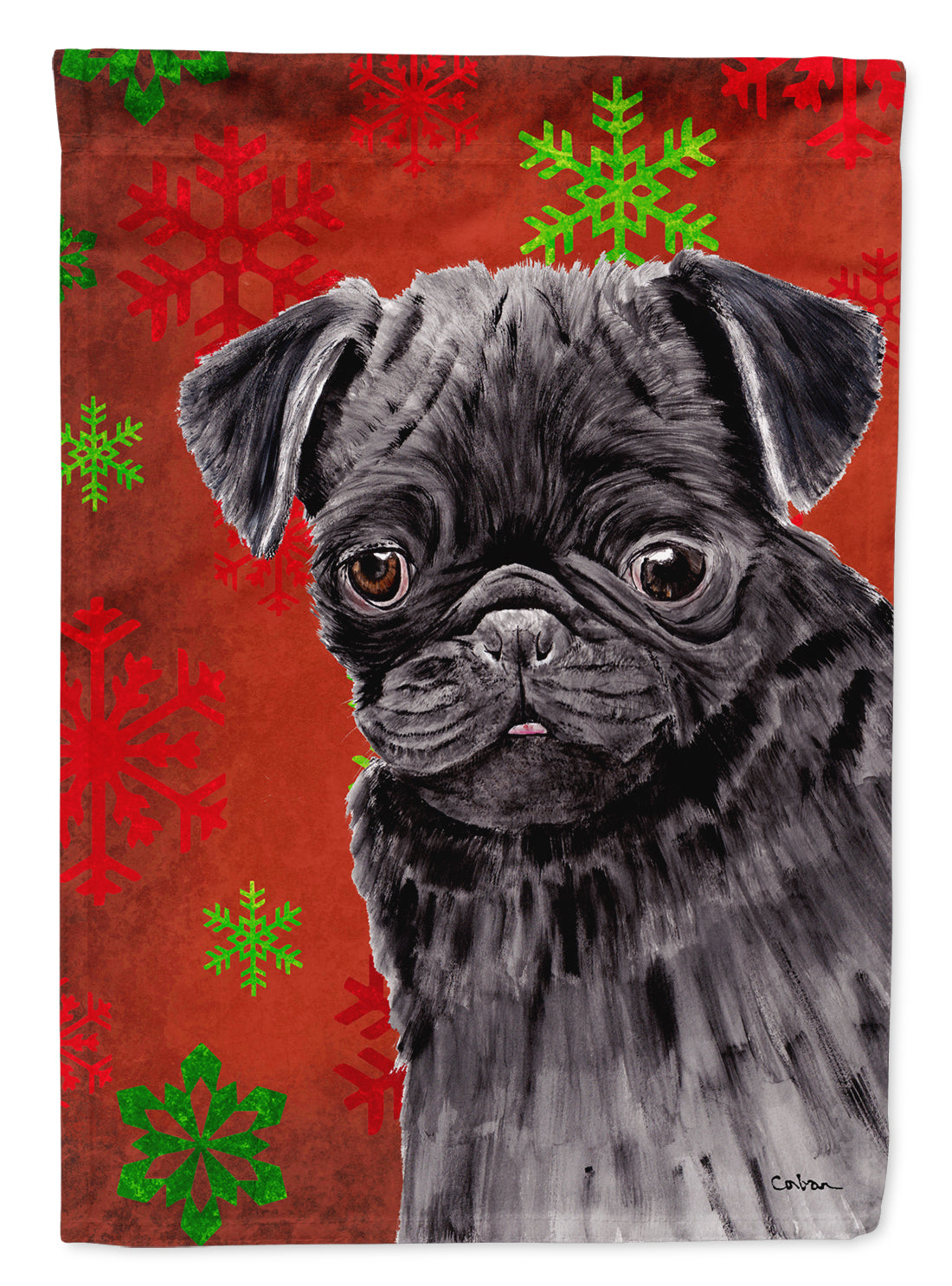 Pug Red and Green Snowflakes Holiday Christmas House Flag 28x40 Porch Sleeve Pole Decorative Outside Yard Banner Artwork Wall Hanging, Polyester