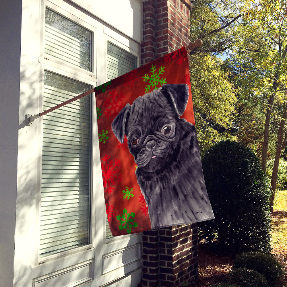 Pug Red and Green Snowflakes Holiday Christmas House Flag 28x40 Porch Sleeve Pole Decorative Outside Yard Banner Artwork Wall Hanging, Polyester