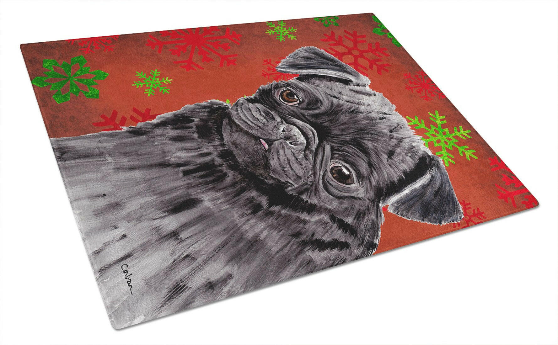 Pug Red and Green Snowflakes Holiday Christmas Cutting Board Tempered Glass Kitchen Cutting Surface, Heat Resistant Chopping, Non-Slip Feet, Food Prep & Serving