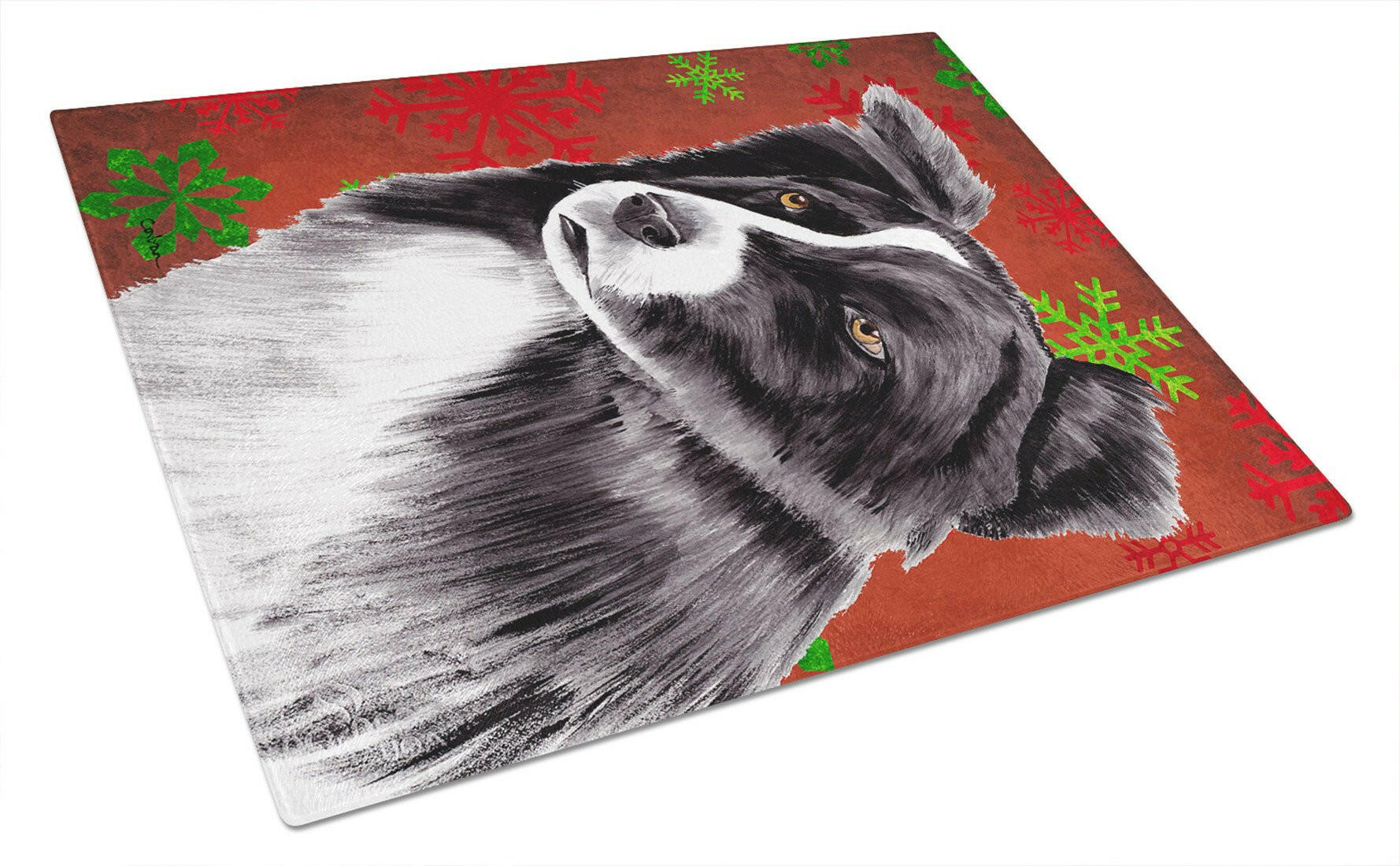 Border Collie Red and Green Snowflakes Holiday Christmas Cutting Board Tempered Glass Kitchen Cutting Surface, Heat Resistant Chopping, Non-Slip Feet, Food Prep & Serving