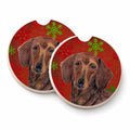 Dachshund Red and Green Snowflakes Holiday Christmas Set of 2 Cup Holder Car Coasters Absorbent Round Sandstone Coasters Gifts for Men or Women, 2.5, Multicolor