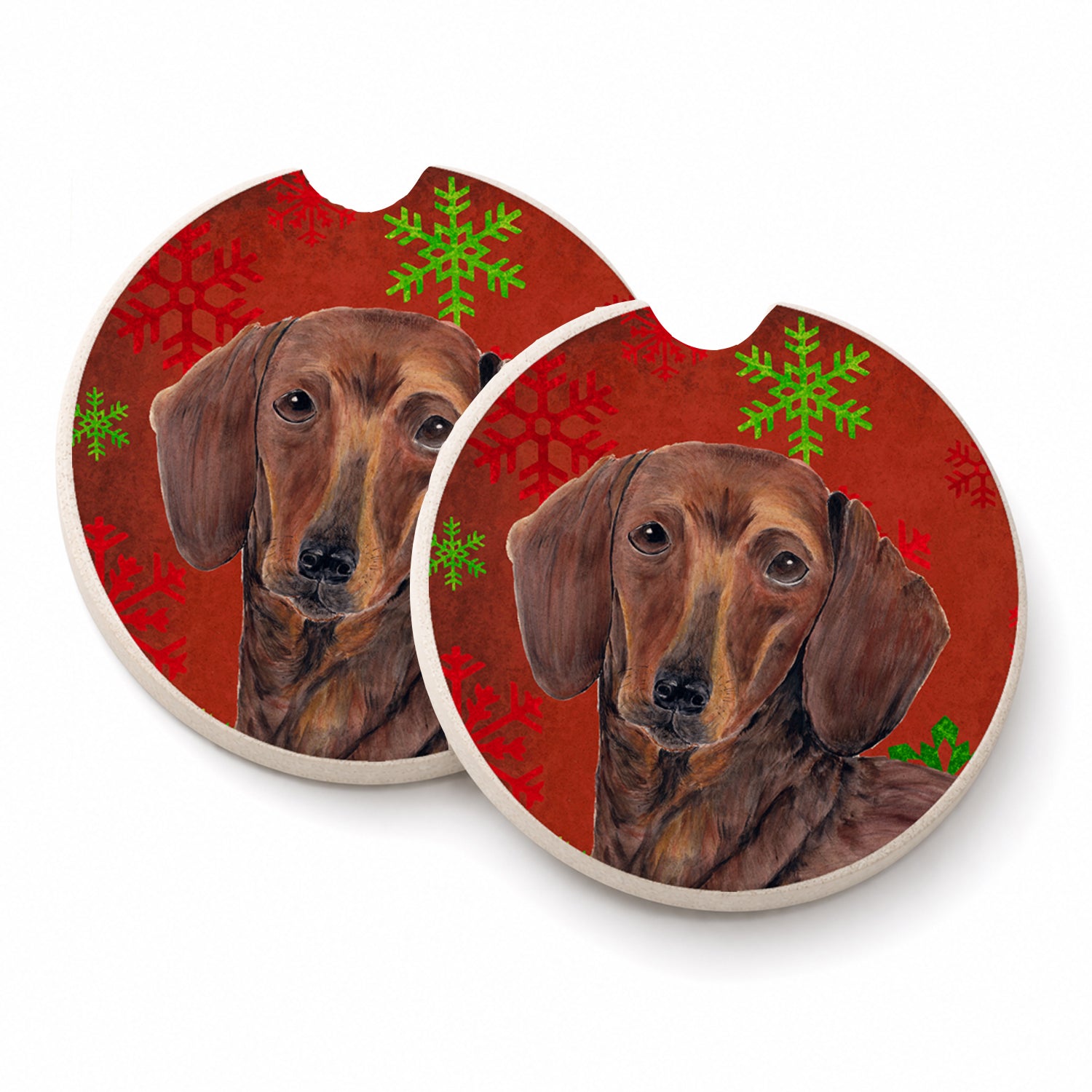 Dachshund Red and Green Snowflakes Holiday Christmas Set of 2 Cup Holder Car Coasters Absorbent Round Sandstone Coasters Gifts for Men or Women, 2.5, Multicolor