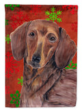 Dachshund Red and Green Snowflakes Holiday Christmas House Flag 28x40 Porch Sleeve Pole Decorative Outside Yard Banner Artwork Wall Hanging, Polyester