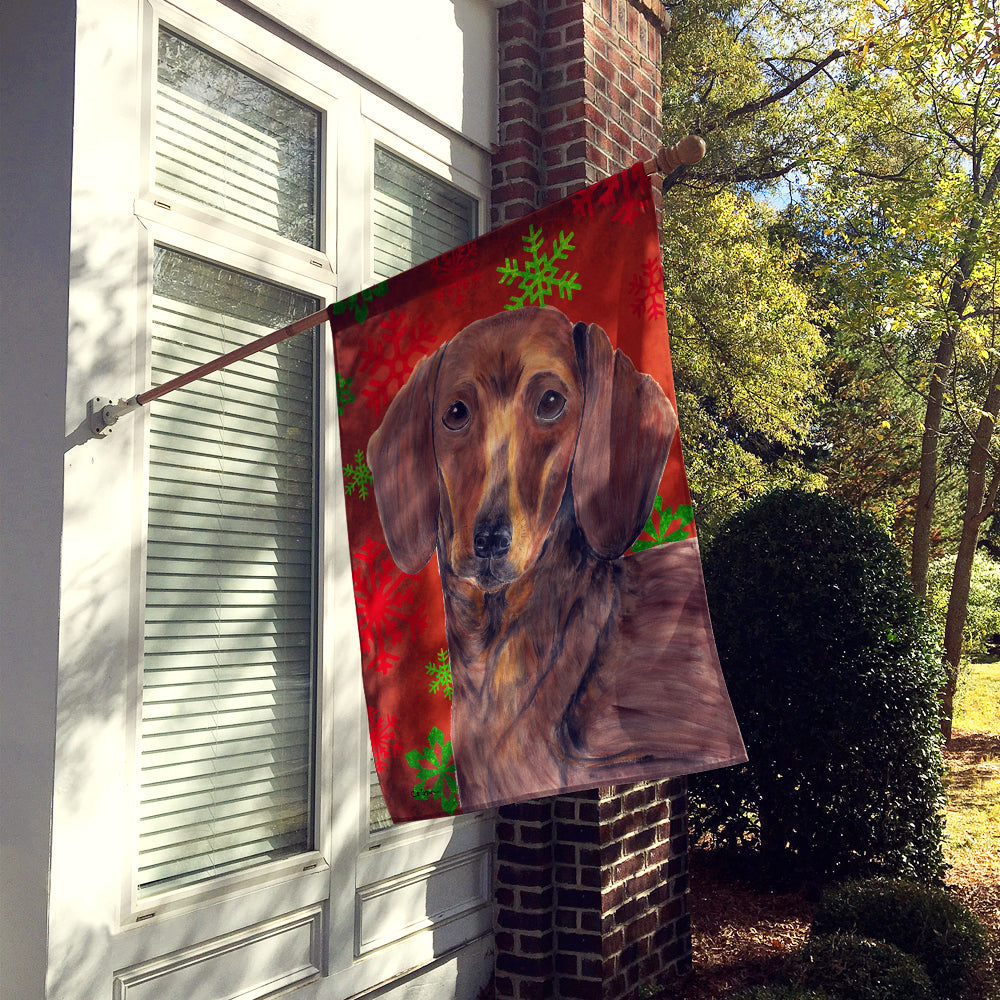 Dachshund Red and Green Snowflakes Holiday Christmas House Flag 28x40 Porch Sleeve Pole Decorative Outside Yard Banner Artwork Wall Hanging, Polyester
