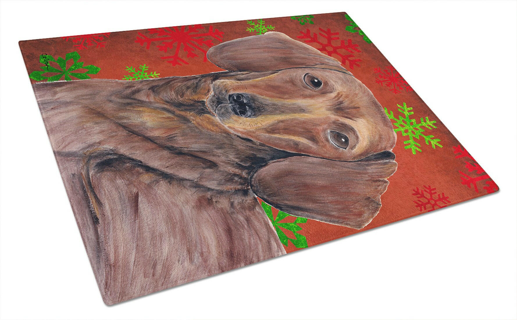 Dachshund Red and Green Snowflakes Holiday Christmas Cutting Board Tempered Glass Kitchen Cutting Surface, Heat Resistant Chopping, Non-Slip Feet, Food Prep & Serving