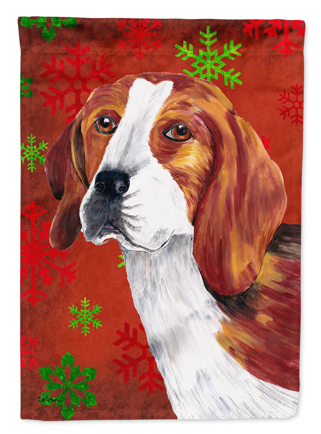 Beagle Red and Green Snowflakes Holiday Christmas House Flag 28x40 Porch Sleeve Pole Decorative Outside Yard Banner Artwork Wall Hanging, Polyester
