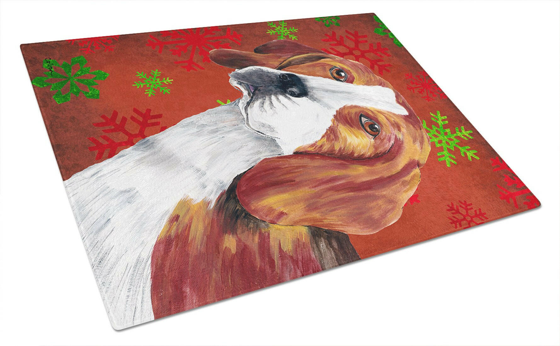 Beagle Red and Green Snowflakes Holiday Christmas Cutting Board Tempered Glass Kitchen Cutting Surface, Heat Resistant Chopping, Non-Slip Feet, Food Prep & Serving