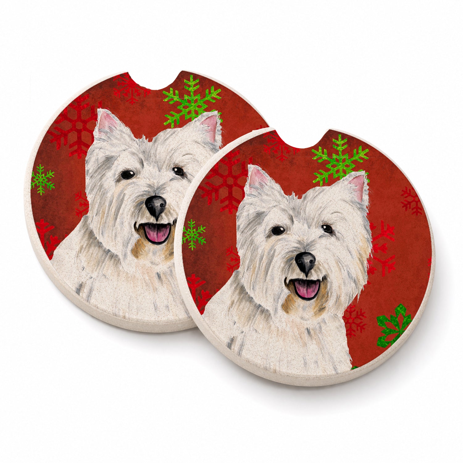 Westie Red and Green Snowflakes Holiday Christmas Set of 2 Cup Holder Car Coasters Absorbent Round Sandstone Coasters Gifts for Men or Women, 2.5, Multicolor