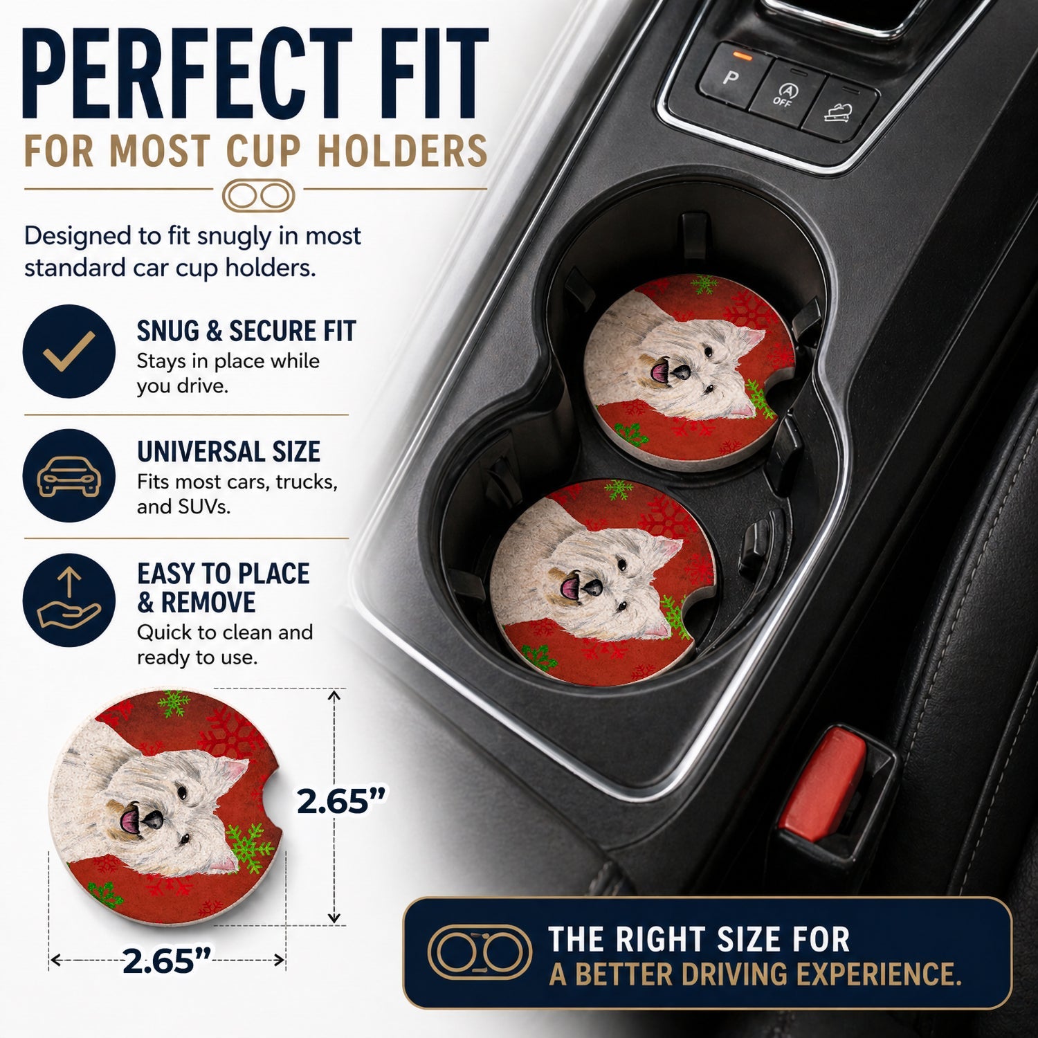 Westie Red and Green Snowflakes Holiday Christmas Set of 2 Cup Holder Car Coasters Absorbent Round Sandstone Coasters Gifts for Men or Women, 2.5, Multicolor