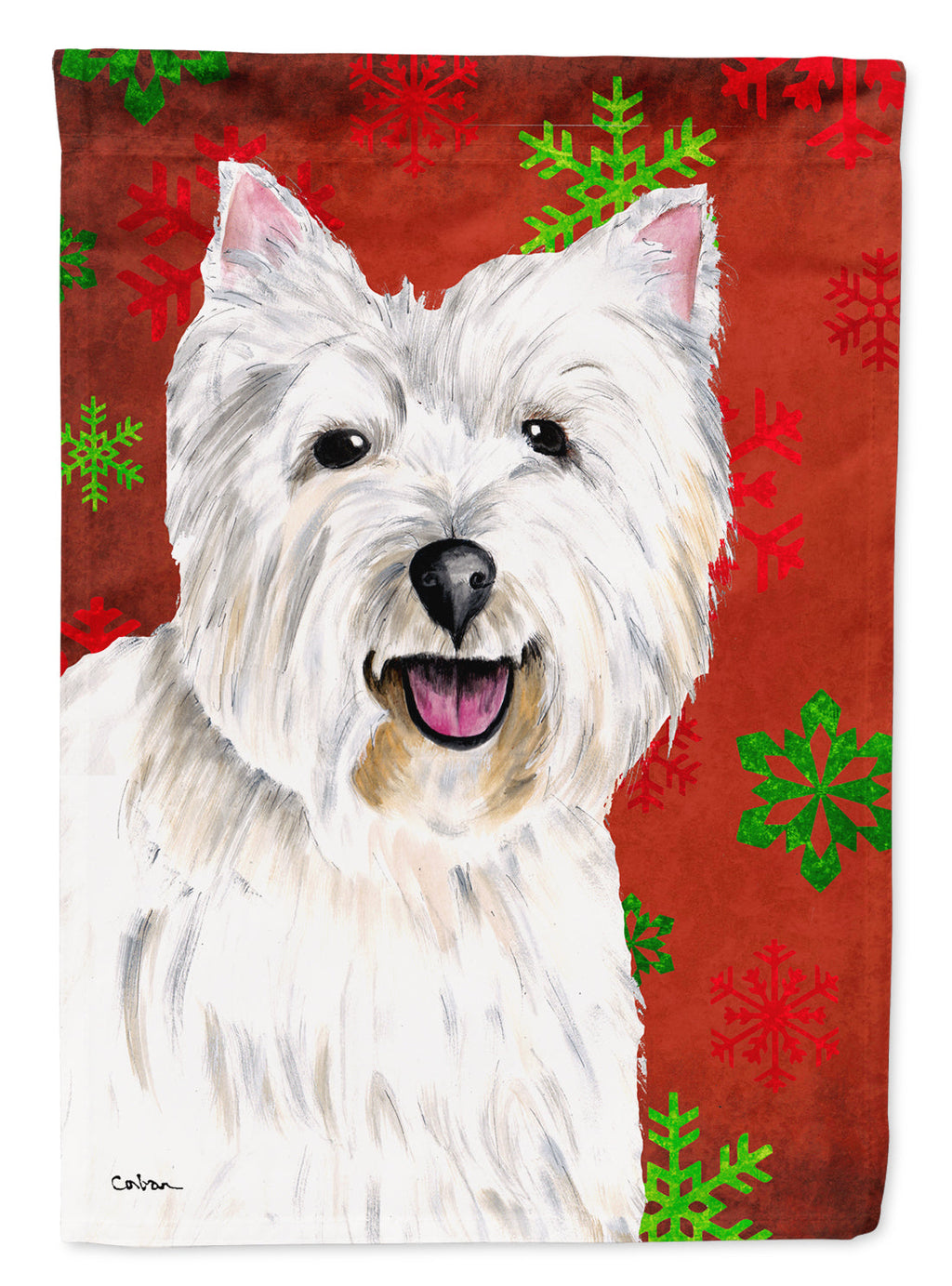 Westie Red and Green Snowflakes Holiday Christmas House Flag 28x40 Porch Sleeve Pole Decorative Outside Yard Banner Artwork Wall Hanging, Polyester
