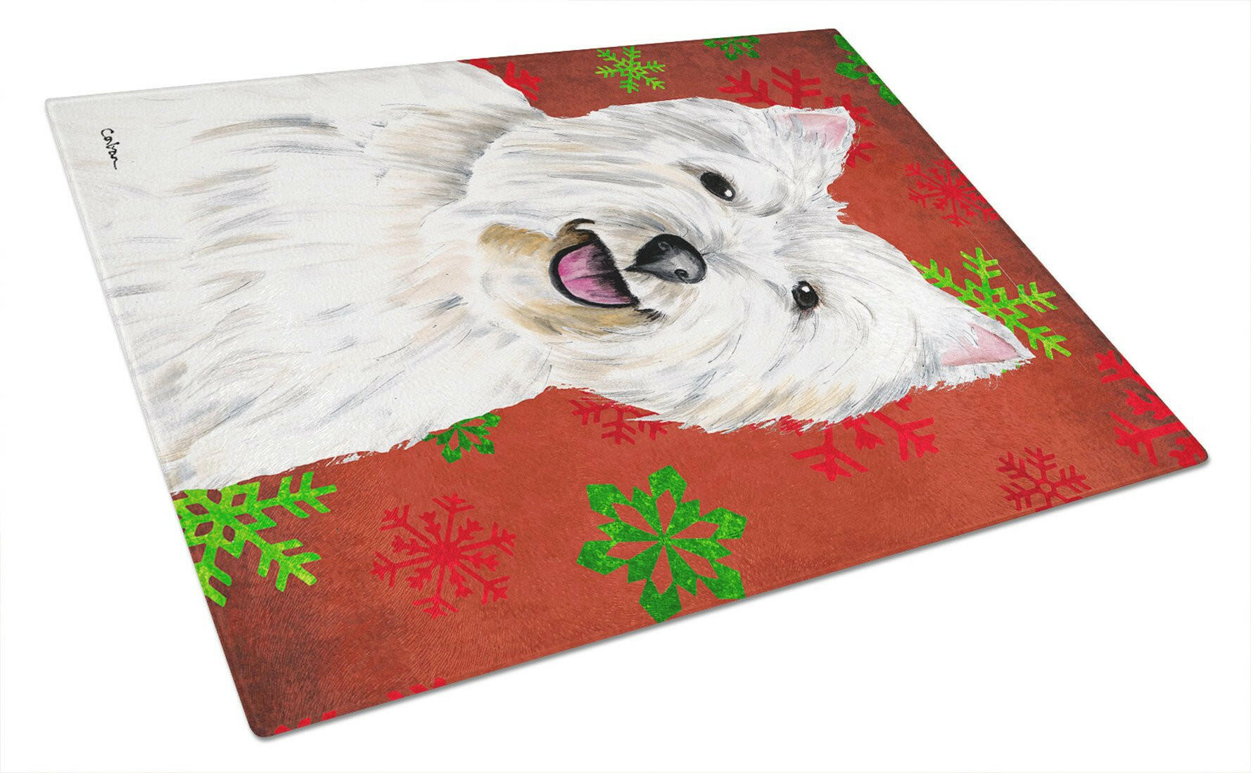 Westie Red and Green Snowflakes Holiday Christmas Cutting Board Tempered Glass Kitchen Cutting Surface, Heat Resistant Chopping, Non-Slip Feet, Food Prep & Serving