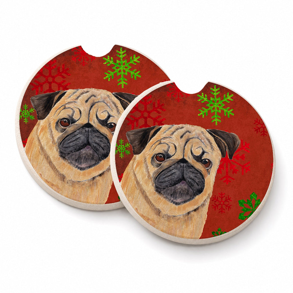 Pug Red and Green Snowflakes Holiday Christmas Set of 2 Cup Holder Car Coasters Absorbent Round Sandstone Coasters Gifts for Men or Women, 2.5, Multicolor
