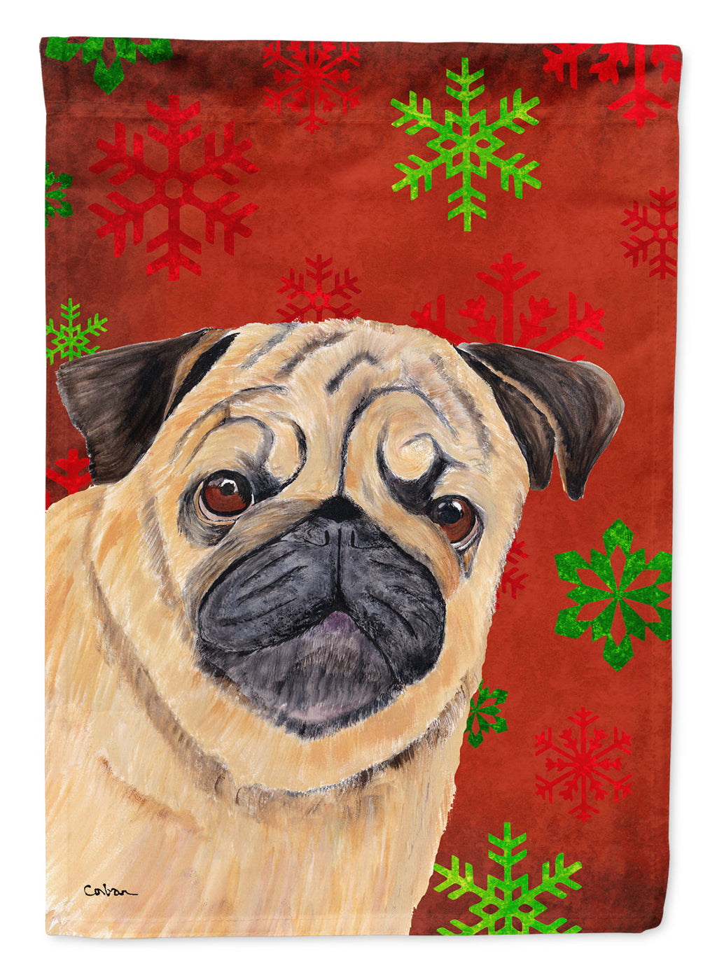 Pug Red and Green Snowflakes Holiday Christmas House Flag 28x40 Porch Sleeve Pole Decorative Outside Yard Banner Artwork Wall Hanging, Polyester