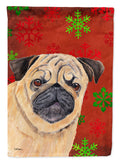 Pug Red and Green Snowflakes Holiday Christmas House Flag 28x40 Porch Sleeve Pole Decorative Outside Yard Banner Artwork Wall Hanging, Polyester