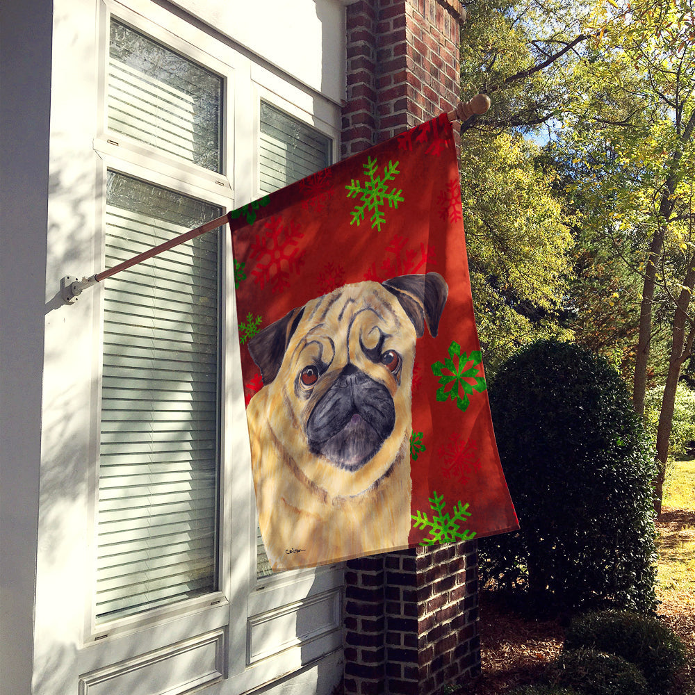 Pug Red and Green Snowflakes Holiday Christmas House Flag 28x40 Porch Sleeve Pole Decorative Outside Yard Banner Artwork Wall Hanging, Polyester