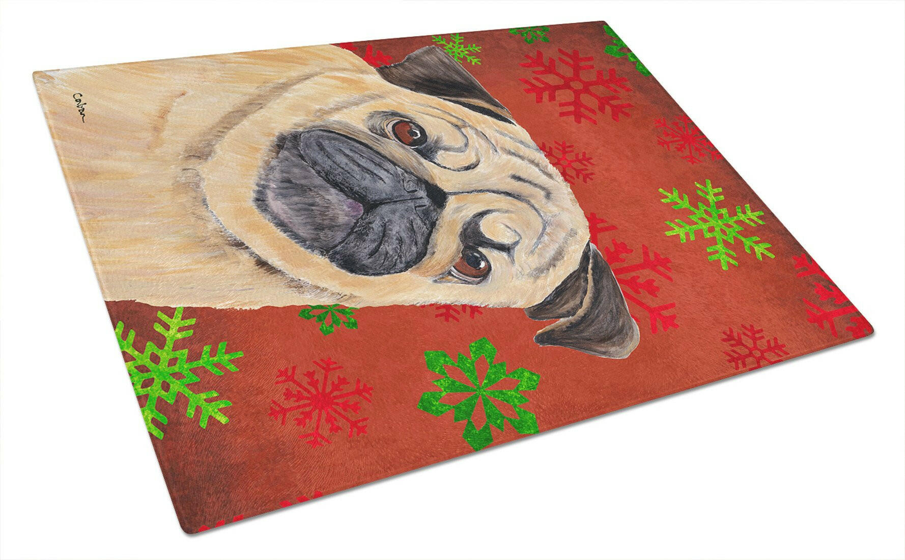 Pug Red and Green Snowflakes Holiday Christmas Cutting Board Tempered Glass Kitchen Cutting Surface, Heat Resistant Chopping, Non-Slip Feet, Food Prep & Serving