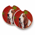 Basset Hound Red and Green Snowflakes Holiday Christmas Set of 2 Cup Holder Car Coasters Absorbent Round Sandstone Coasters Gifts for Men or Women, 2.5, Multicolor