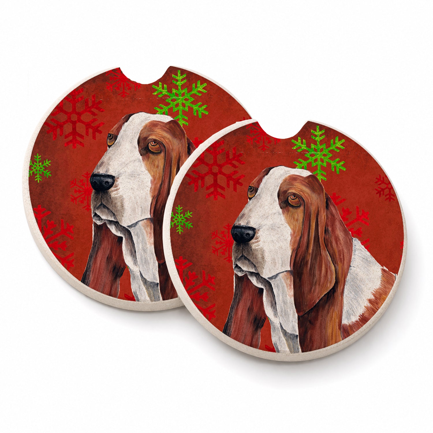 Basset Hound Red and Green Snowflakes Holiday Christmas Set of 2 Cup Holder Car Coasters Absorbent Round Sandstone Coasters Gifts for Men or Women, 2.5, Multicolor