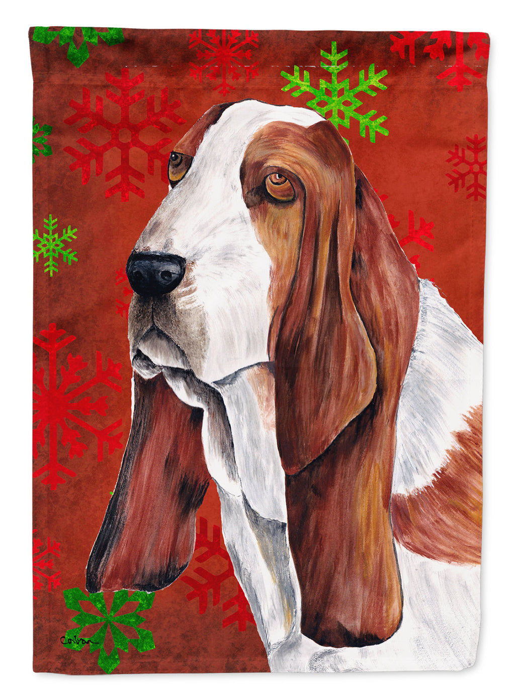Basset Hound Red and Green Snowflakes Holiday Christmas House Flag 28x40 Porch Sleeve Pole Decorative Outside Yard Banner Artwork Wall Hanging, Polyester