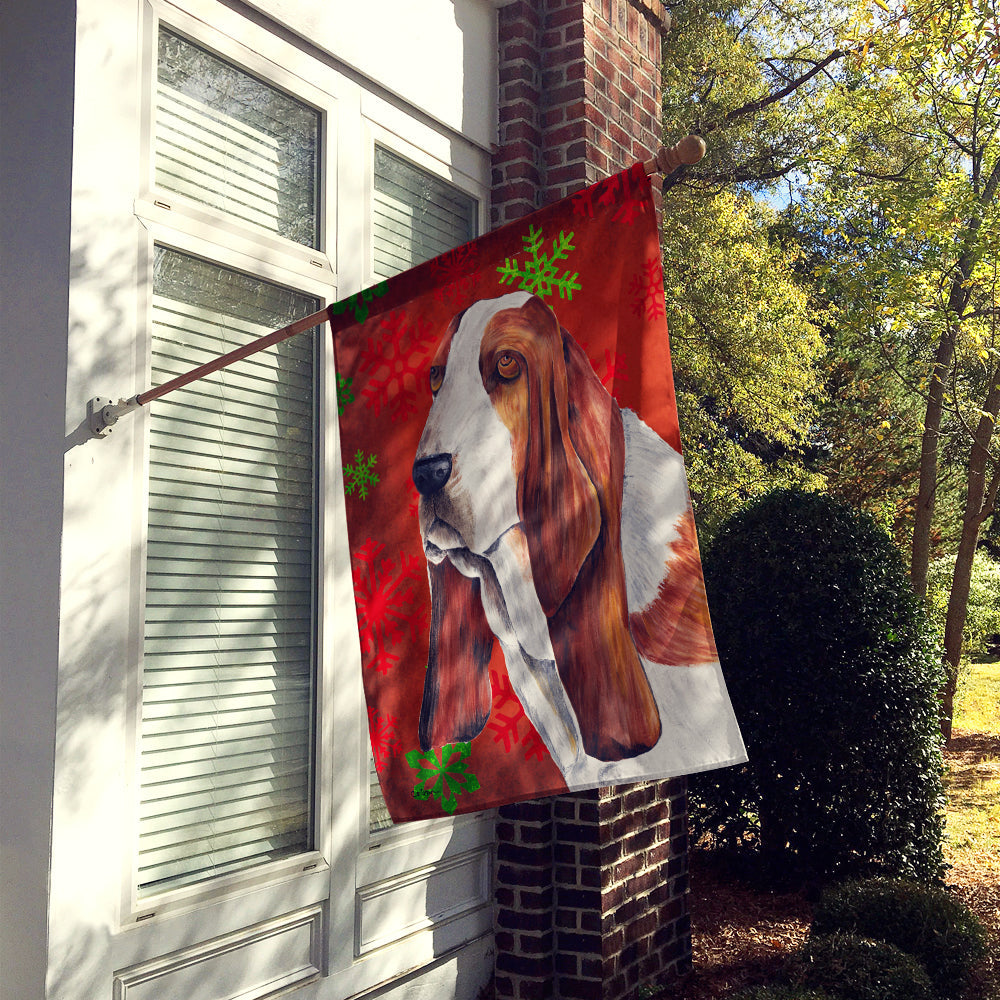 Basset Hound Red and Green Snowflakes Holiday Christmas House Flag 28x40 Porch Sleeve Pole Decorative Outside Yard Banner Artwork Wall Hanging, Polyester