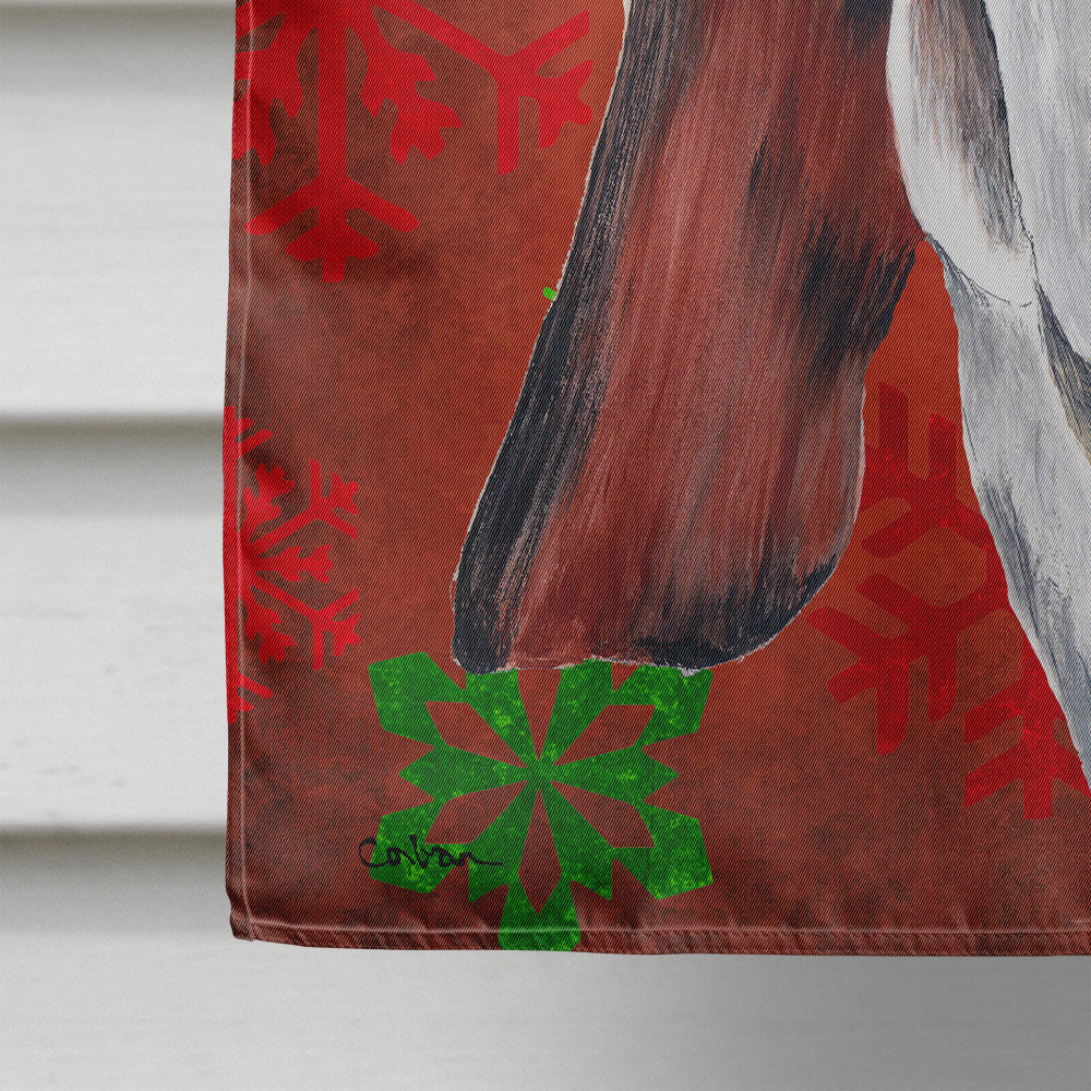 Basset Hound Red and Green Snowflakes Holiday Christmas House Flag 28x40 Porch Sleeve Pole Decorative Outside Yard Banner Artwork Wall Hanging, Polyester