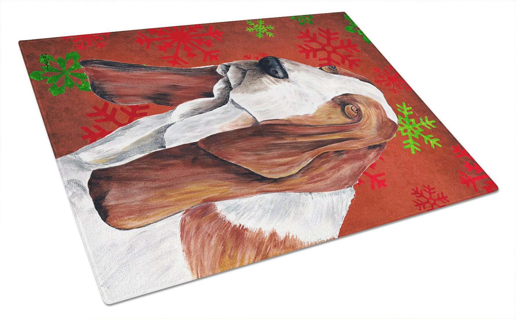 Basset Hound Red and Green Snowflakes Holiday Christmas Cutting Board Tempered Glass Kitchen Cutting Surface, Heat Resistant Chopping, Non-Slip Feet, Food Prep & Serving