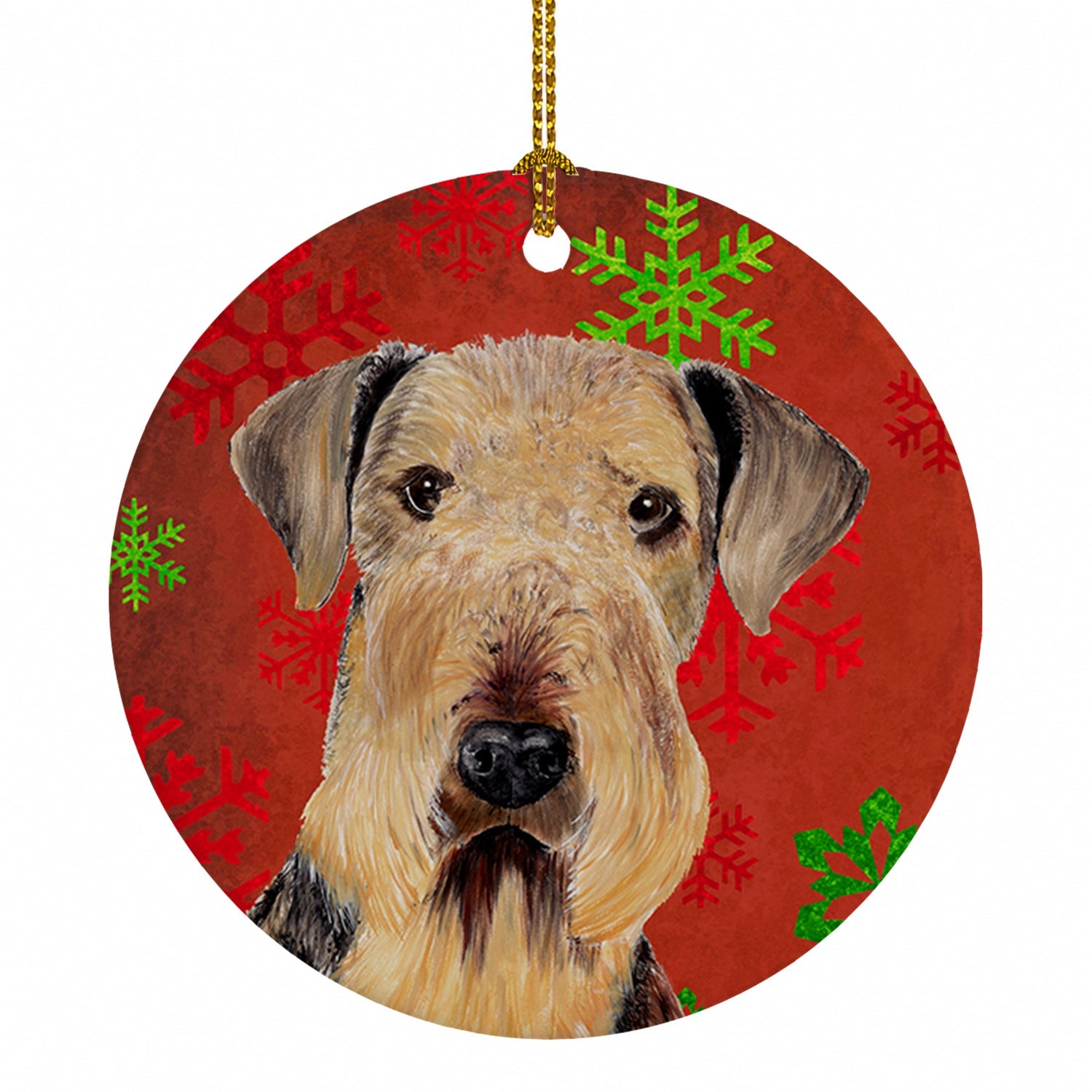 Airedale Red and Green Snowflakes Holiday Christmas Ceramic Ornament Christmas Tree Hanging Decorations for Home Christmas Holiday, Party, Gift, 3 in, Multicolor