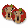 Airedale Red and Green Snowflakes Holiday Christmas Set of 2 Cup Holder Car Coasters Absorbent Round Sandstone Coasters Gifts for Men or Women, 2.5, Multicolor