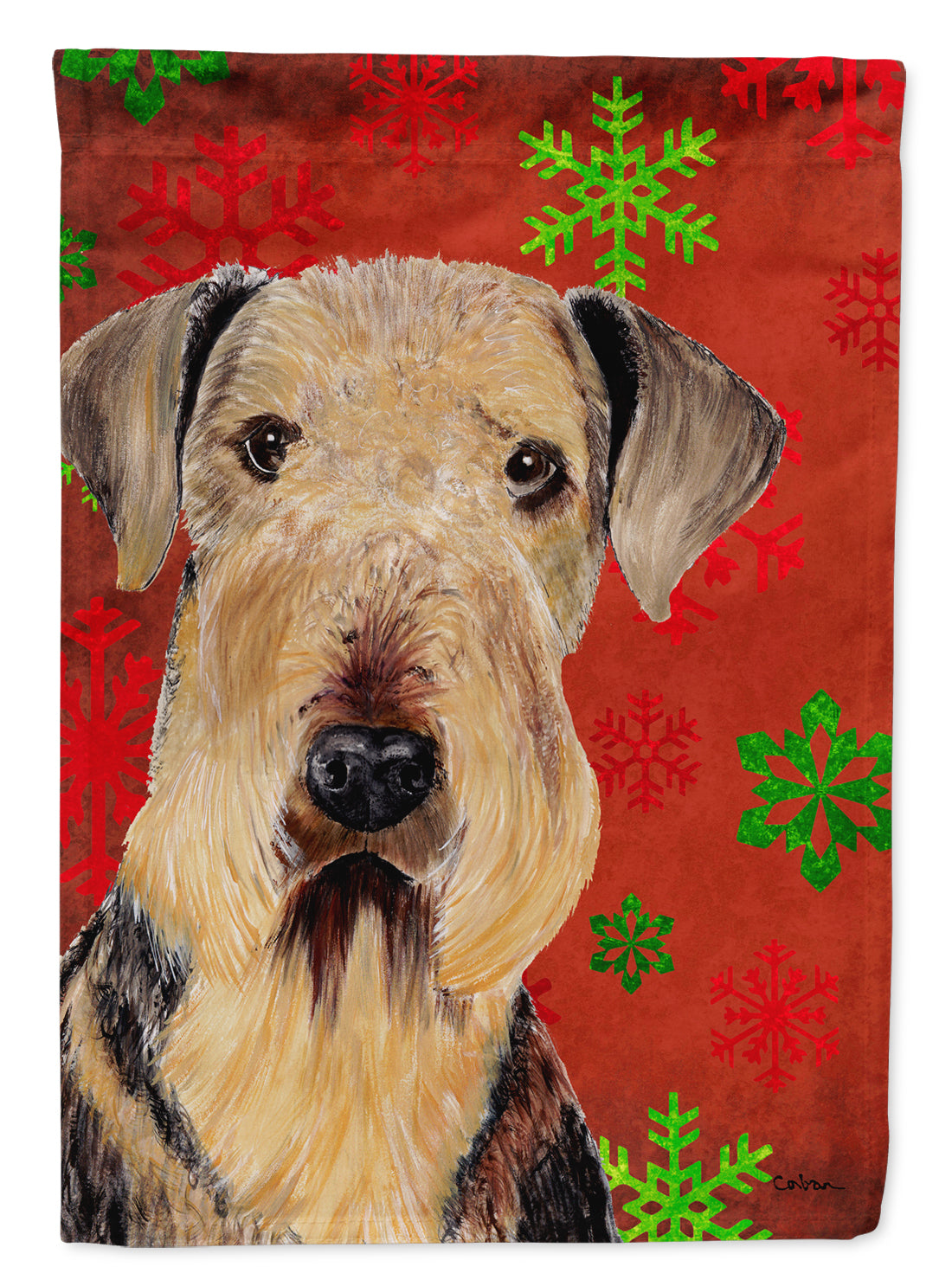 Airedale Red and Green Snowflakes Holiday Christmas House Flag 28x40 Porch Sleeve Pole Decorative Outside Yard Banner Artwork Wall Hanging, Polyester