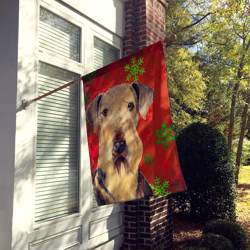 Airedale Red and Green Snowflakes Holiday Christmas House Flag 28x40 Porch Sleeve Pole Decorative Outside Yard Banner Artwork Wall Hanging, Polyester
