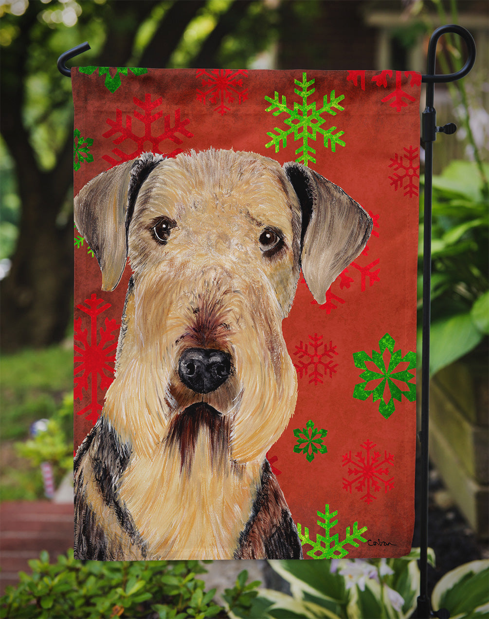 Airedale Red and Green Snowflakes Holiday Christmas Garden Flag Mailbox Decorative Yard Banner Outside Patio Artwork for Flower Beds, Garden Size, Multicolor