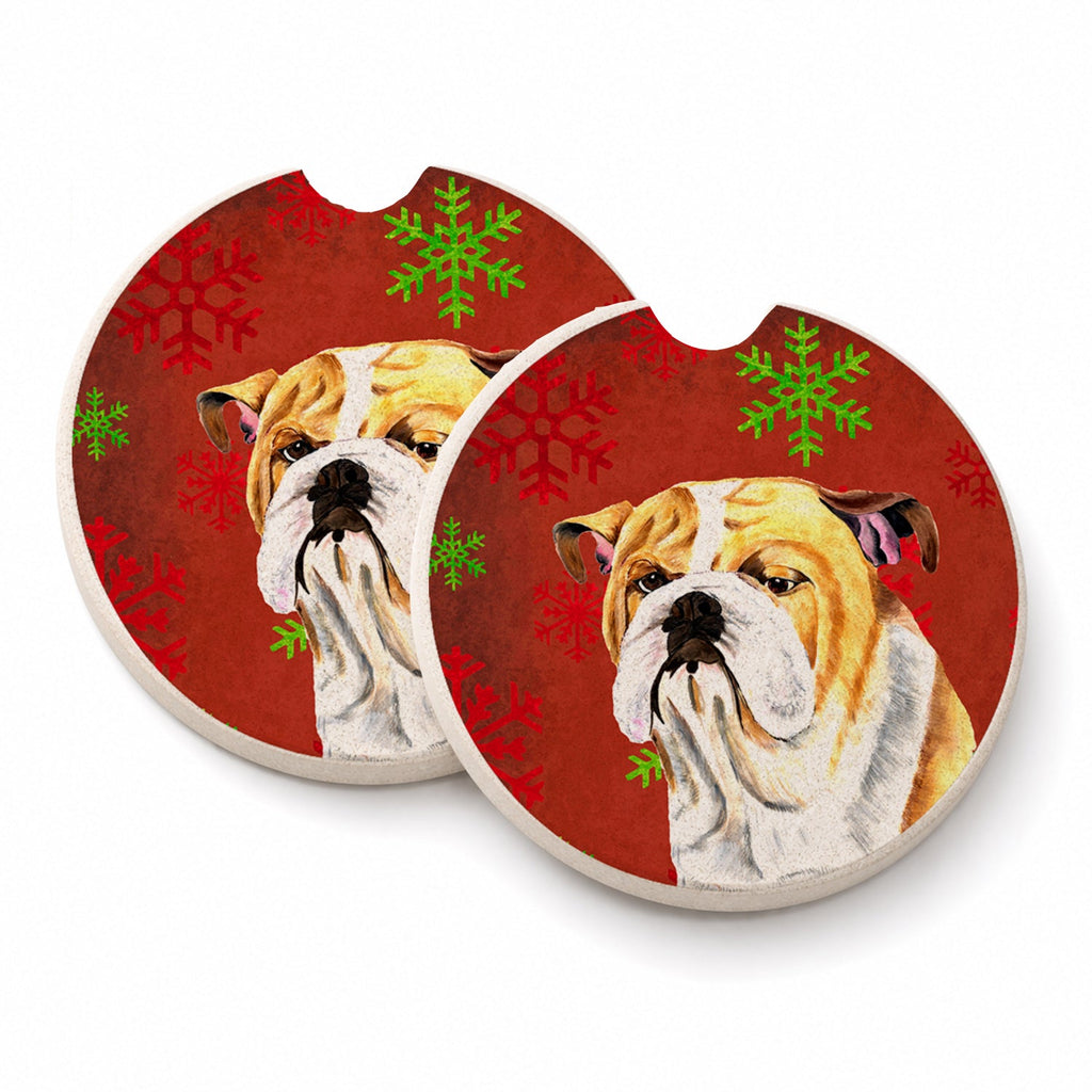 Bulldog English Red and Green Snowflakes Holiday Christmas Set of 2 Cup Holder Car Coasters Absorbent Round Sandstone Coasters Gifts for Men or Women, 2.5, Multicolor