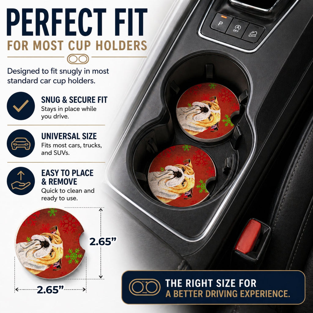 Bulldog English Red and Green Snowflakes Holiday Christmas Set of 2 Cup Holder Car Coasters Absorbent Round Sandstone Coasters Gifts for Men or Women, 2.5, Multicolor