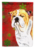 Bulldog English Red and Green Snowflakes Holiday Christmas House Flag 28x40 Porch Sleeve Pole Decorative Outside Yard Banner Artwork Wall Hanging, Polyester