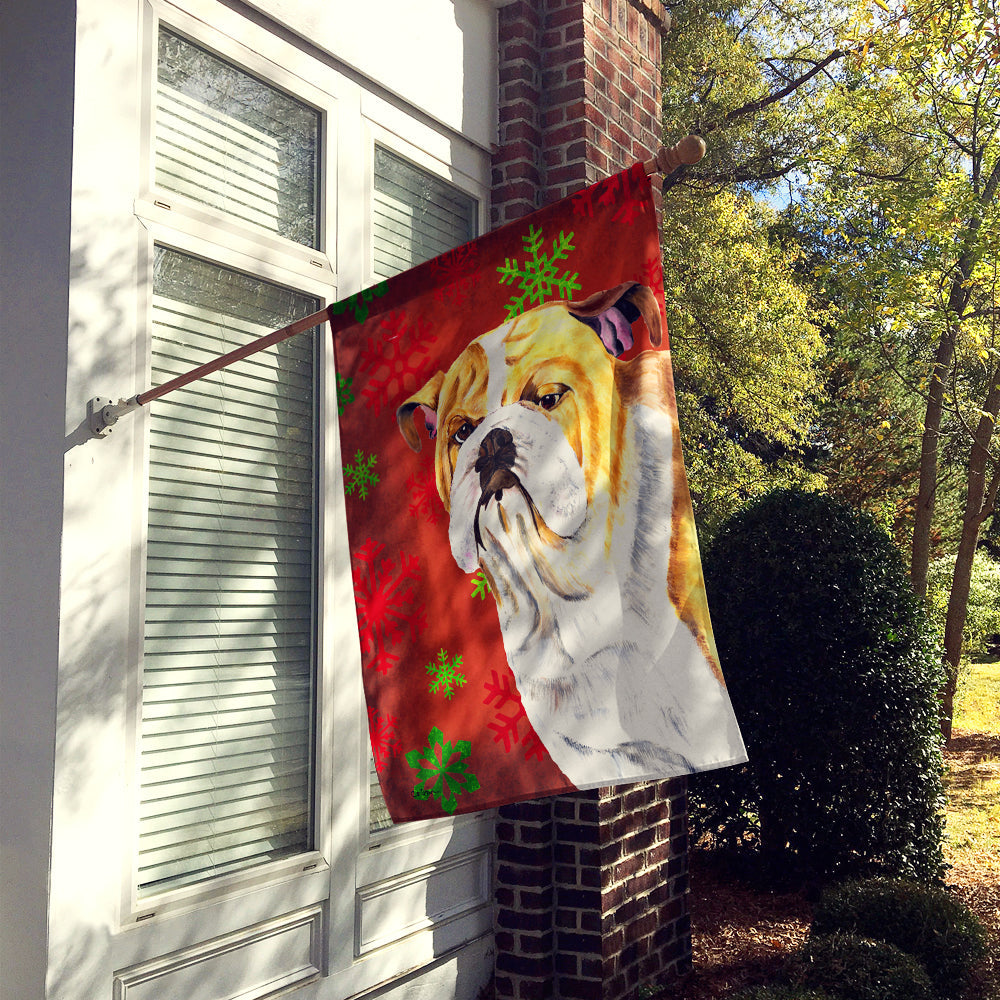 Bulldog English Red and Green Snowflakes Holiday Christmas House Flag 28x40 Porch Sleeve Pole Decorative Outside Yard Banner Artwork Wall Hanging, Polyester
