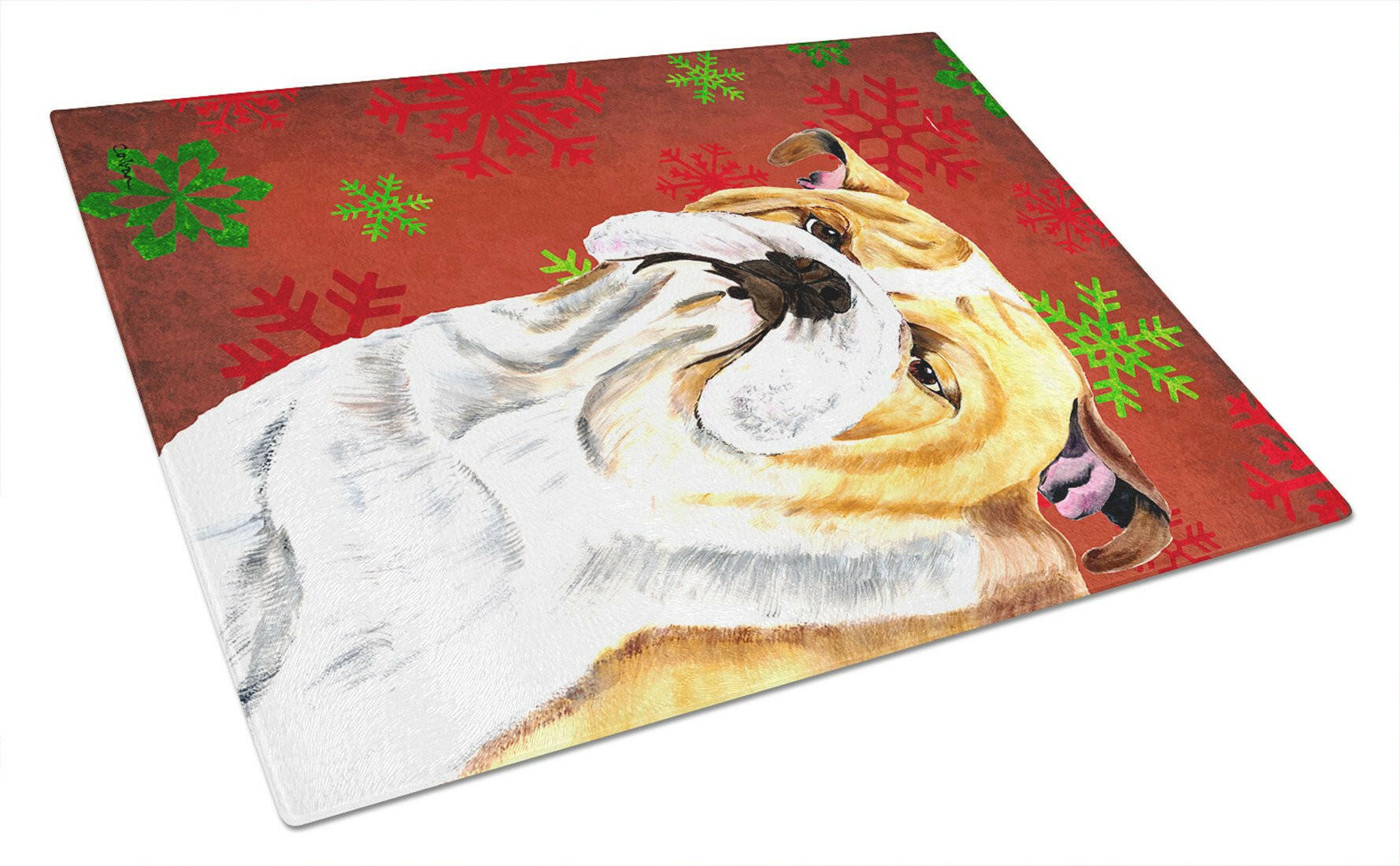 Bulldog English Red and Green Snowflakes Holiday Christmas Cutting Board Tempered Glass Kitchen Cutting Surface, Heat Resistant Chopping, Non-Slip Feet, Food Prep & Serving