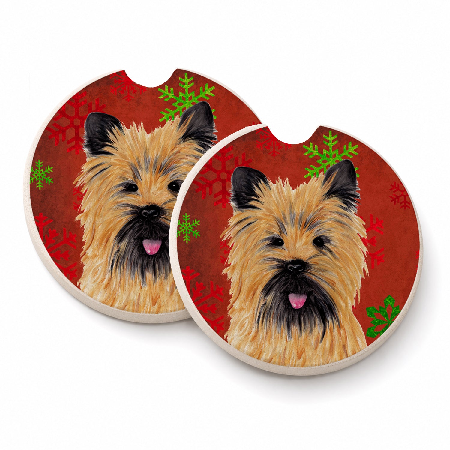 Cairn Terrier Red and Green Snowflakes Holiday Christmas Set of 2 Cup Holder Car Coasters Absorbent Round Sandstone Coasters Gifts for Men or Women, 2.5, Multicolor